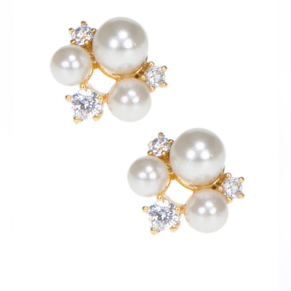 CZ By Kenneth Jay Lane Pearl and CZ Cluster Earrings - Picture 1 of 3